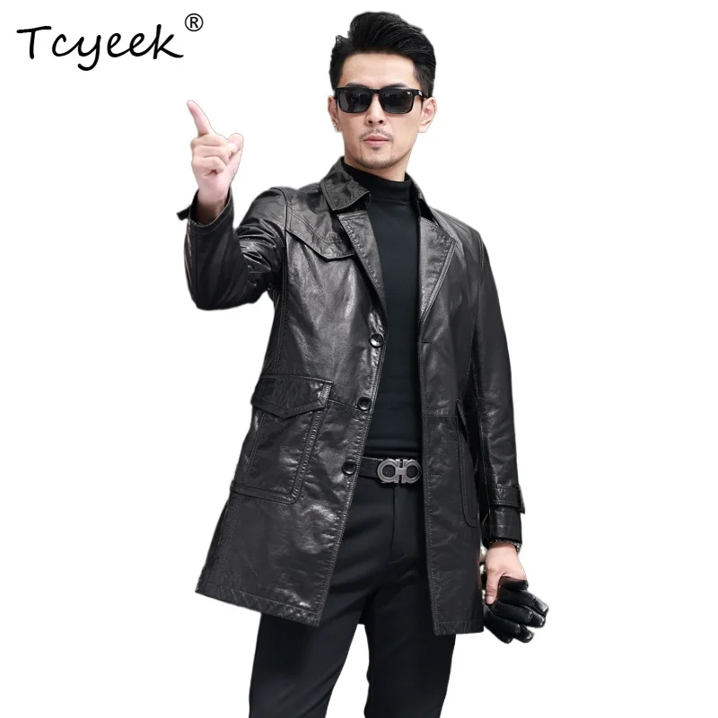 

Tcyeek Верхний слой из коровьей кожи, весенне-осенний костюм с воротником, черная мужская куртка средней длины из натуральной кожи Chaqueta Cuero Hombre 가죽 자켓