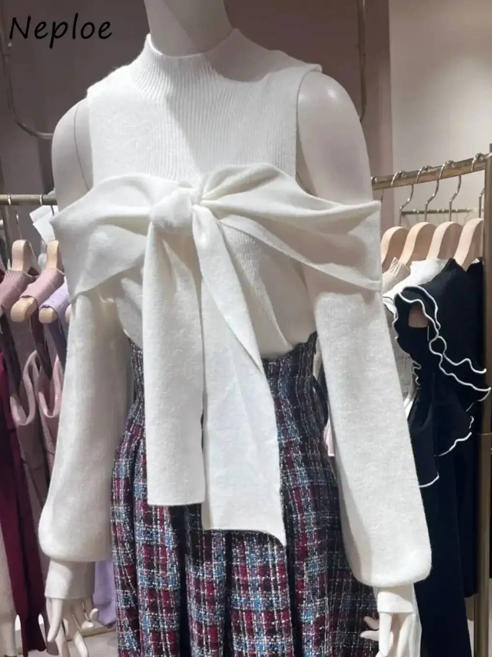 

BabYoung Повседневный вязаный пуловер с круглым вырезом и длинными рукавами на шнуровке с открытыми плечами, универсальный нежный пуловер, японский литературный модный новый джемпер