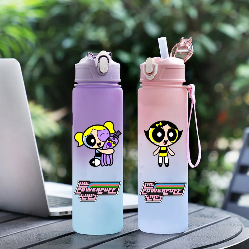 750ML The Powerpuff Girls Season Cartoon Plastic Water Cup Portable Gradient Water Bottle Outdoor Sports Leak Proof Water Bottle