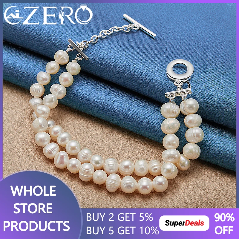 ALIZERO 925 Sterling Silver Double Row Artificial Pearls Chain Bracelet For Women Fashion Wedding Party Luxury Charms Jewelry