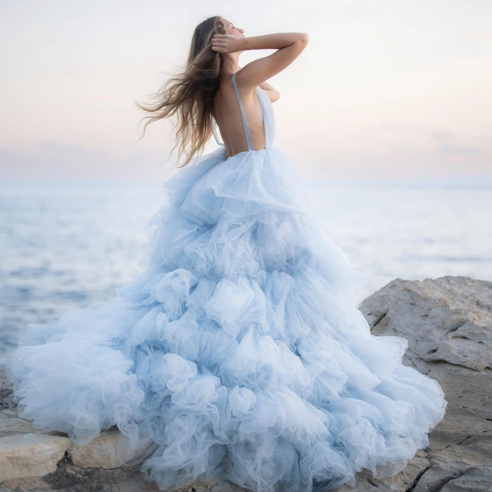 Elegant Light Blue Tulle Ball Gown Layered Evening Dresses With Long Train Deep V-neck Woman Clothes Custom Made Prom Gown