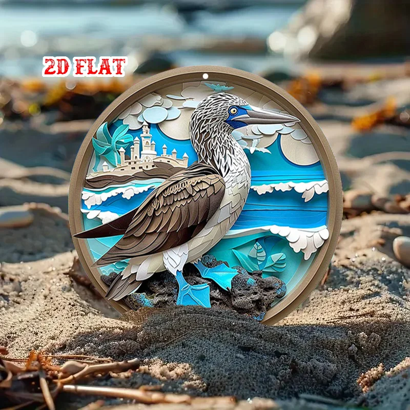 CIFBUY Coastal Blue Footed Booby Bird Castle Aluminum Wall Art Round Metal Sign Waterproof Durable for Garage Home Decor