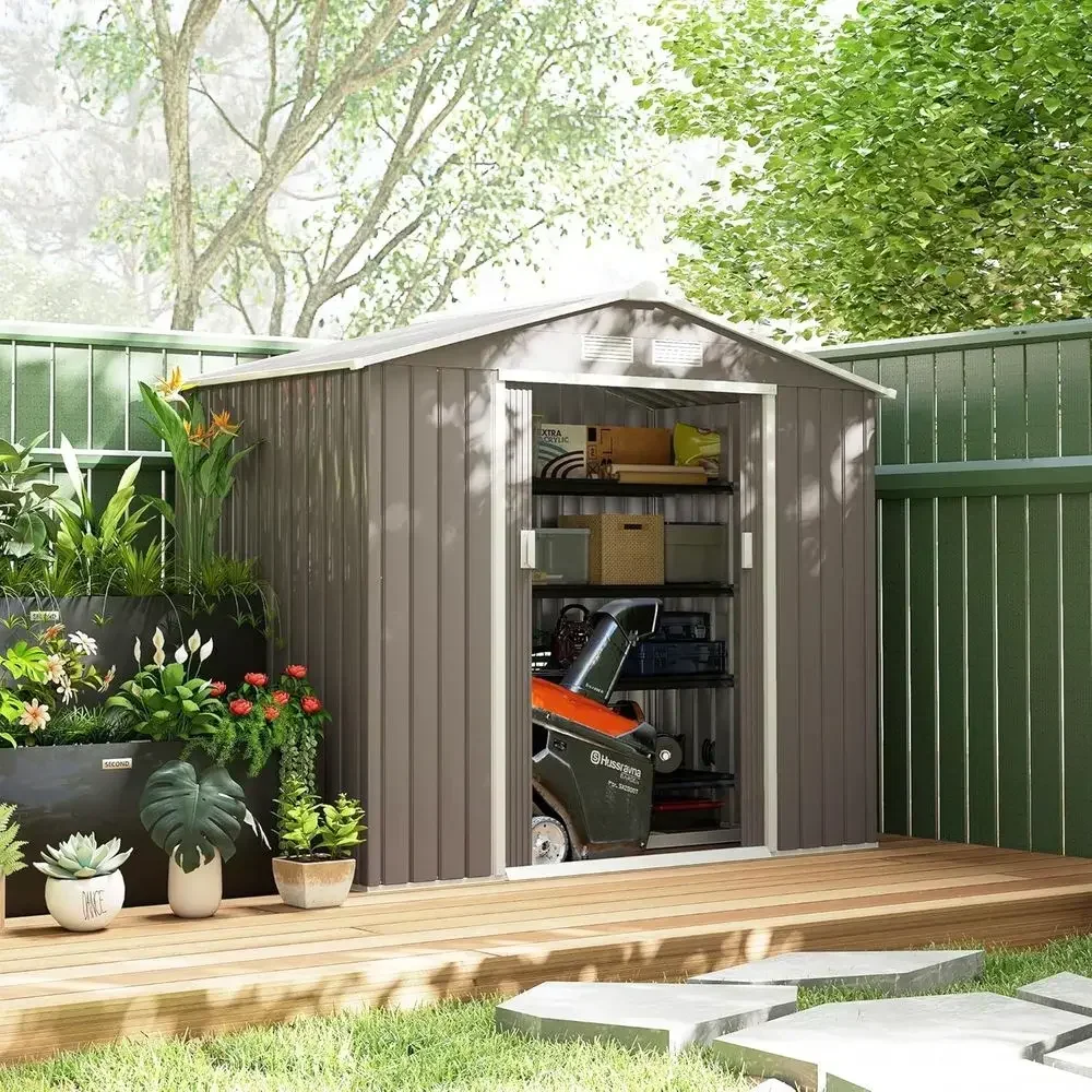 Gray 7x4ft Outdoor Metal Storage Shed with Foundation Kit, Double Doors, Air Vents, and Sloping Roof for Garden Tools