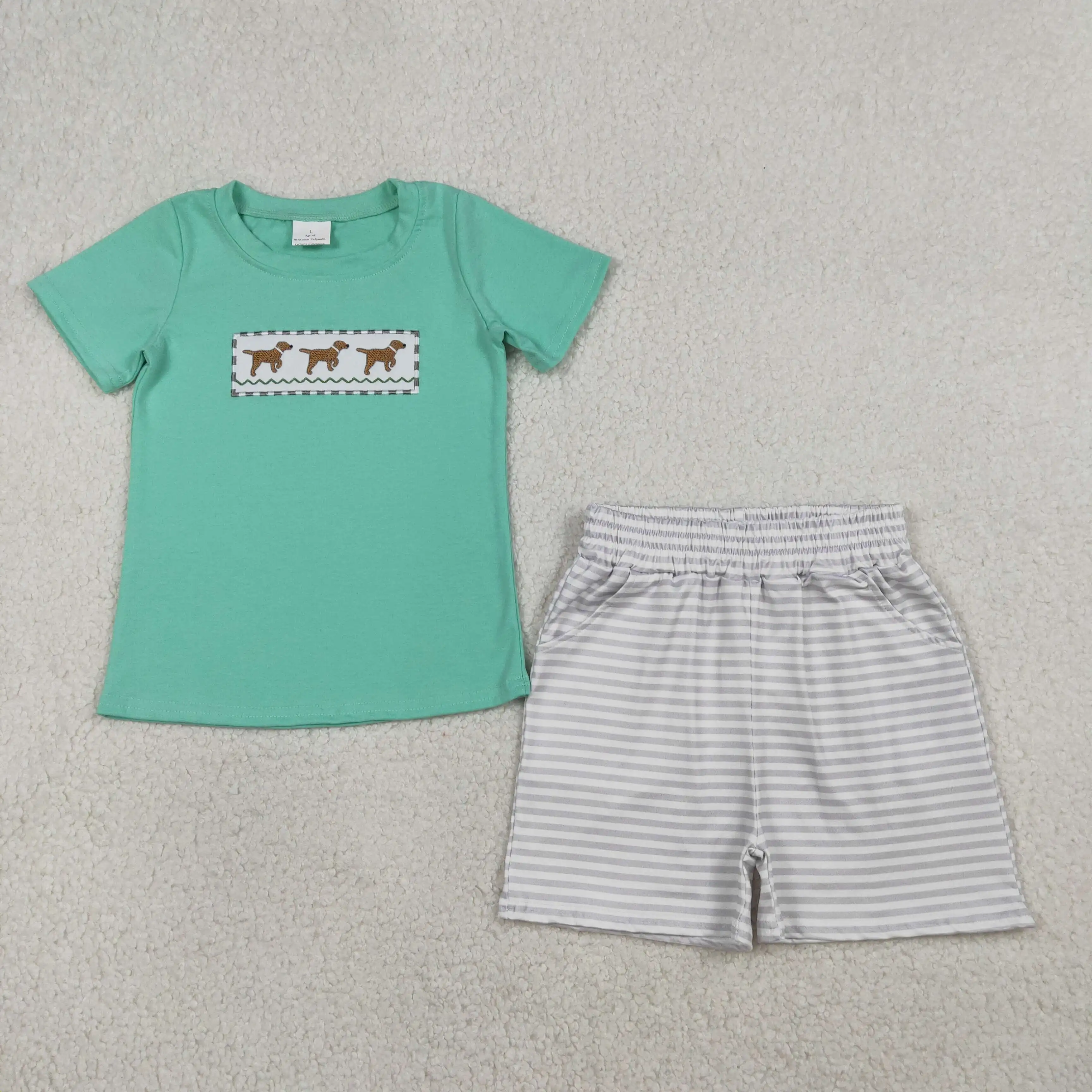 

z0112-11 BSSO1688 Wholesale Boutique kids clothes boys embroidery puppy short sleeve shorts Set Summer Children clothing