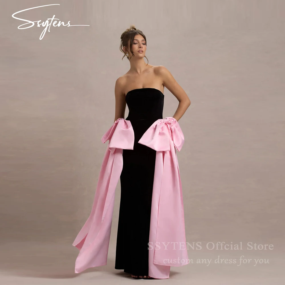 

SSYTENS Black Mermaid Evening Dresses Velvet Saudi Arabric Pink Bow Prom Dresses Women Backless Sleeveless Prom Gown Customized