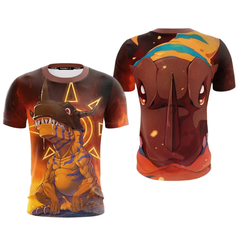 Bandai Digimon Fire Vaccine Type Greymon Anime Printed Sports and Leisure T-shirt Summer Quick Drying Soft and Casual Loose Top