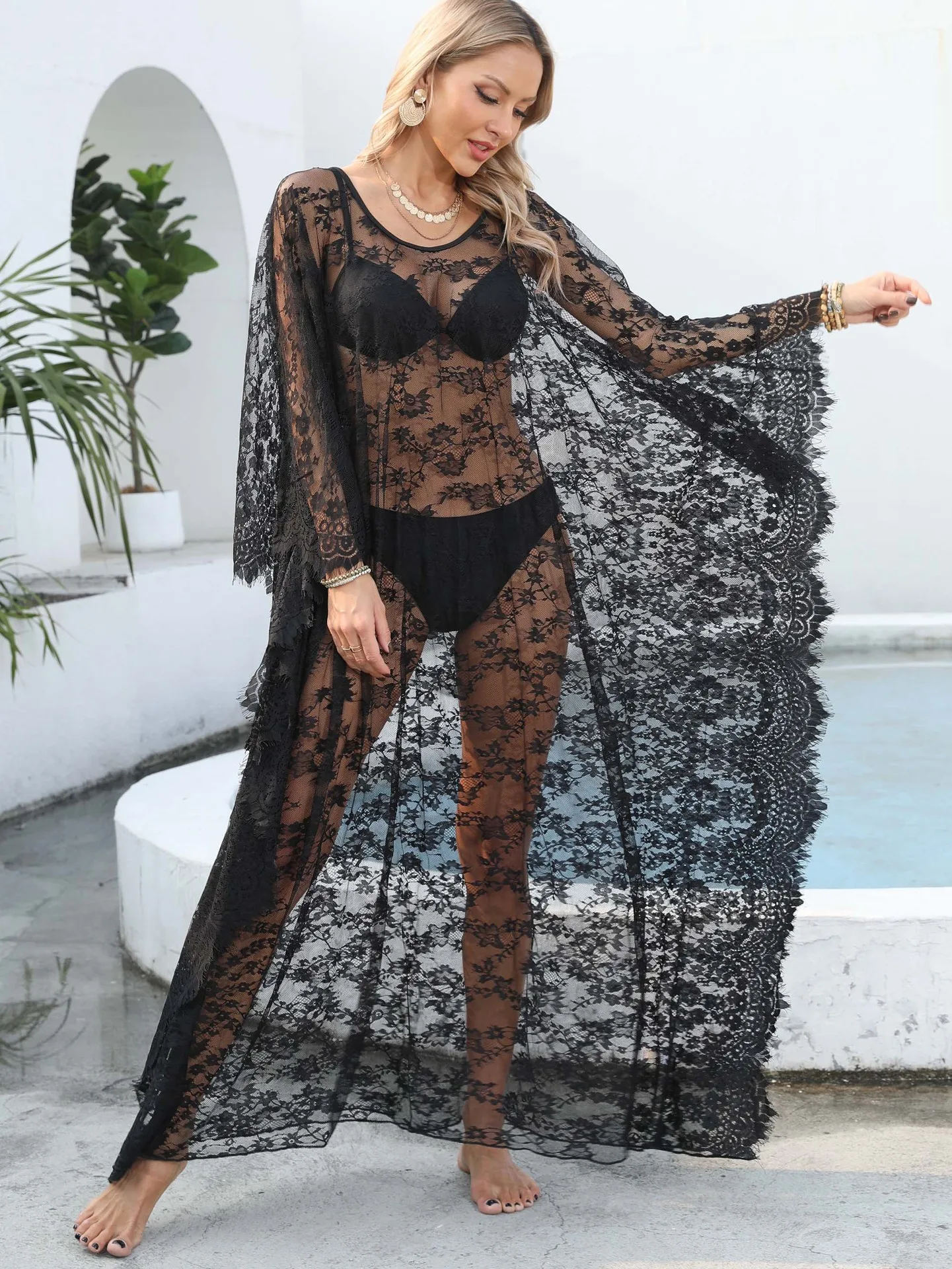 สีดําเซ็กซี่Backless Maxi Long Beach Dress Cover-Upสําหรับผู้หญิงดอกไม้พิมพ์ลูกไม้ดูผ่านหลวมฟรีขนาดBeachwear Coat Tunic