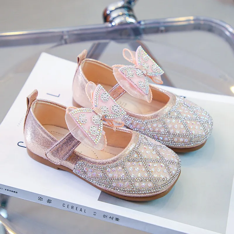 

Girls Bow Sweet Children Fashion Mary Jane Gives Wedding Party Shows 2023 Spring New Rhinestone Classic Soft Kids Princess Flats