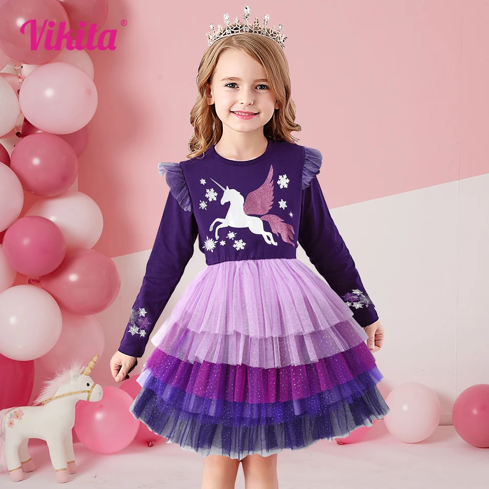 VIKITA Unicorn Kids Dress 2024 Christmas Party Children Costume Flying Sleeve Princess Girls Dress Snowflake Winter Girls Clothe