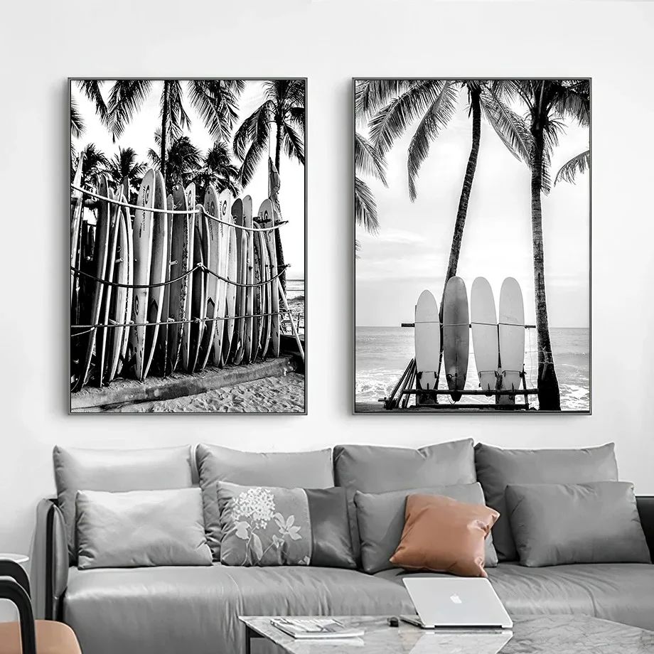 Black White Surfer Vintage Beach Surfboard Hawaii Girl Surfing Poster and Canvas Printing Wall Art Picture for Room Home Decor