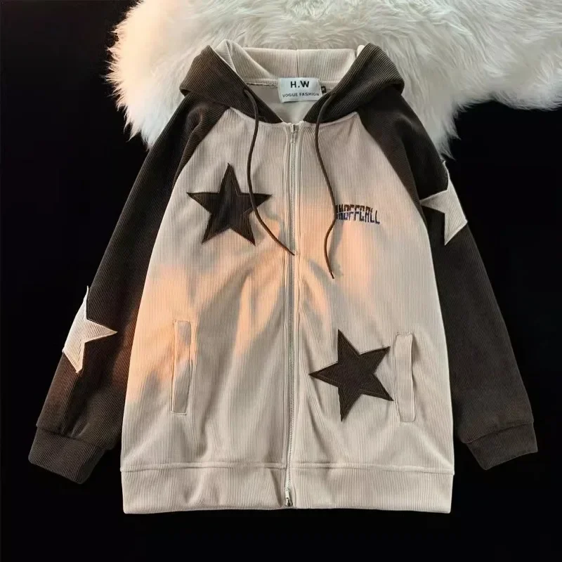 New Trend Retro Patch Stars Embroidered Corduroy Zipper Hoodies For Men And Women Harajuku Gothic Loose Sweatshirts Y2k Tops