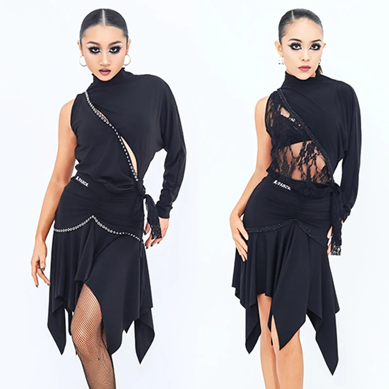 

Новый дизайн, одежда для латинских танцев, топы нестандартной формы, юбка, кружевное сексуальное черное платье, платье для танцев румбы, тренировочная одежда SS1007