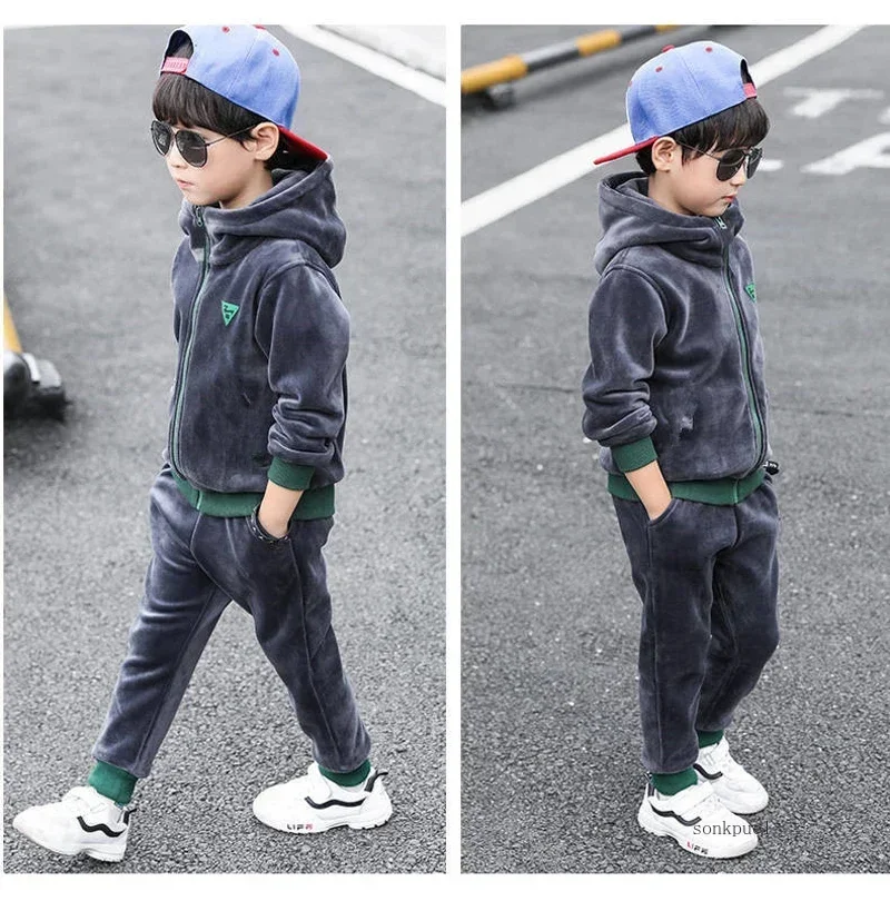New Double-Sided Plush Boys Clothing Set Autumn Winter Warm Letter Suit For Kids 3-10 Years Children Clothes
