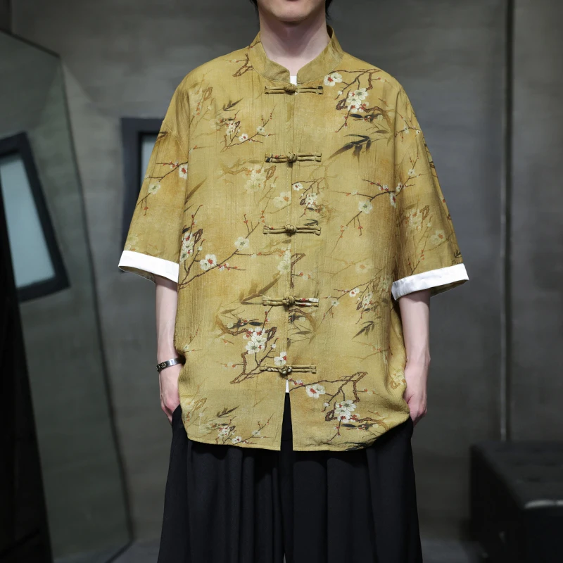 남성 빈티지 셔츠 남성 스탠드 칼라 중국 스타일 셔츠 남성 하프 슬리브 셔츠 여름 남성 꽃 패턴 전통 셔츠