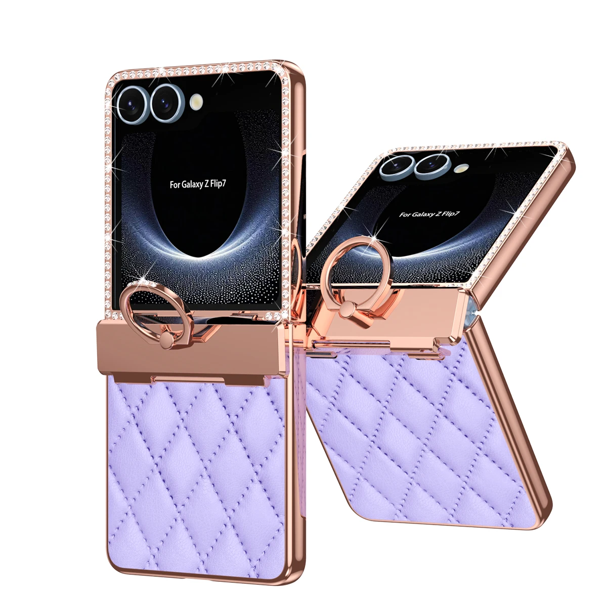 Luxury Flash Diamond Plain Leather For Samsung Galaxy Z Flip 7 Case Fold Hinge Rotating Ring Bracket Cover Optional Mirror Film