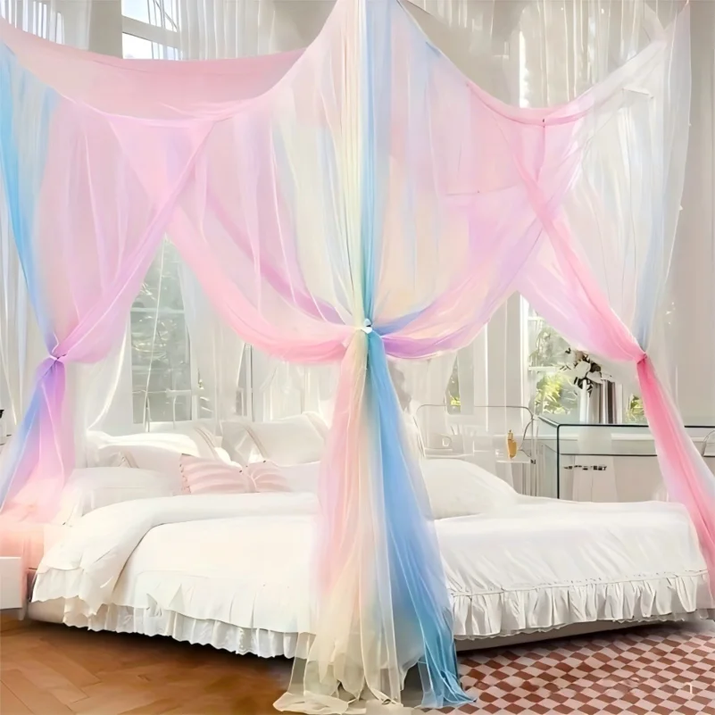 Gradient Rainbow Oversize Four Corner Mosquito Net Hanging Canopy Curtain Sun Protection Mesh Cover For Bedroom Patio Garden Gaz