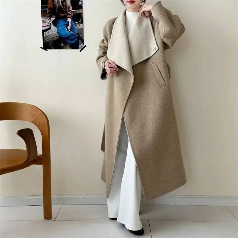 FANAN Two-Tone Lace-Up Waist-Cinching Design Drop Shoulder Long Sleeve Double-Sided Wool Coat Women's Korean Chic New Winter