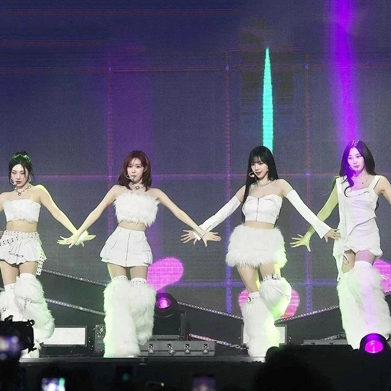 패션 재즈 댄스 의류 여성 가수 그룹 Kpop 복장 화이트 탑 스커트 고고 댄서 의상 무대 공연 착용 DWY9755