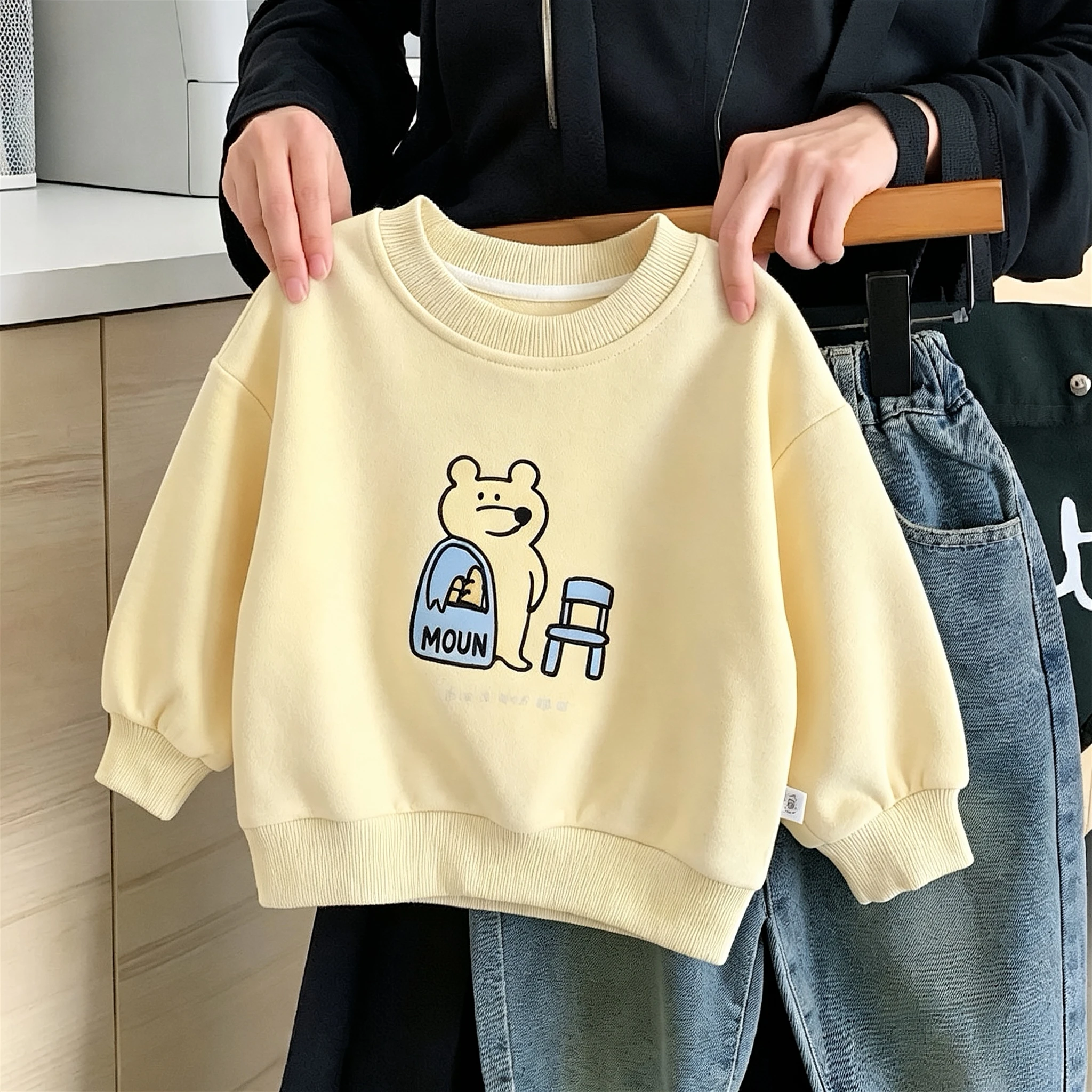 Solid Color Printed Cartoon Sweatshirt For Kids Clothing Spring Fall Simple Versatile Long Sleeve Crewneck Hoodie Children Tops