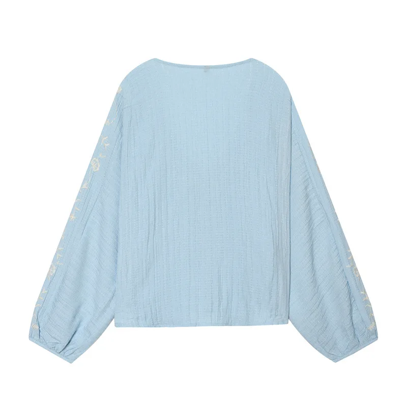 Withered European And American Style Women's Fashion Casual Loose V-neck Long Sleeved Embroidered Shirt Blouses Women's