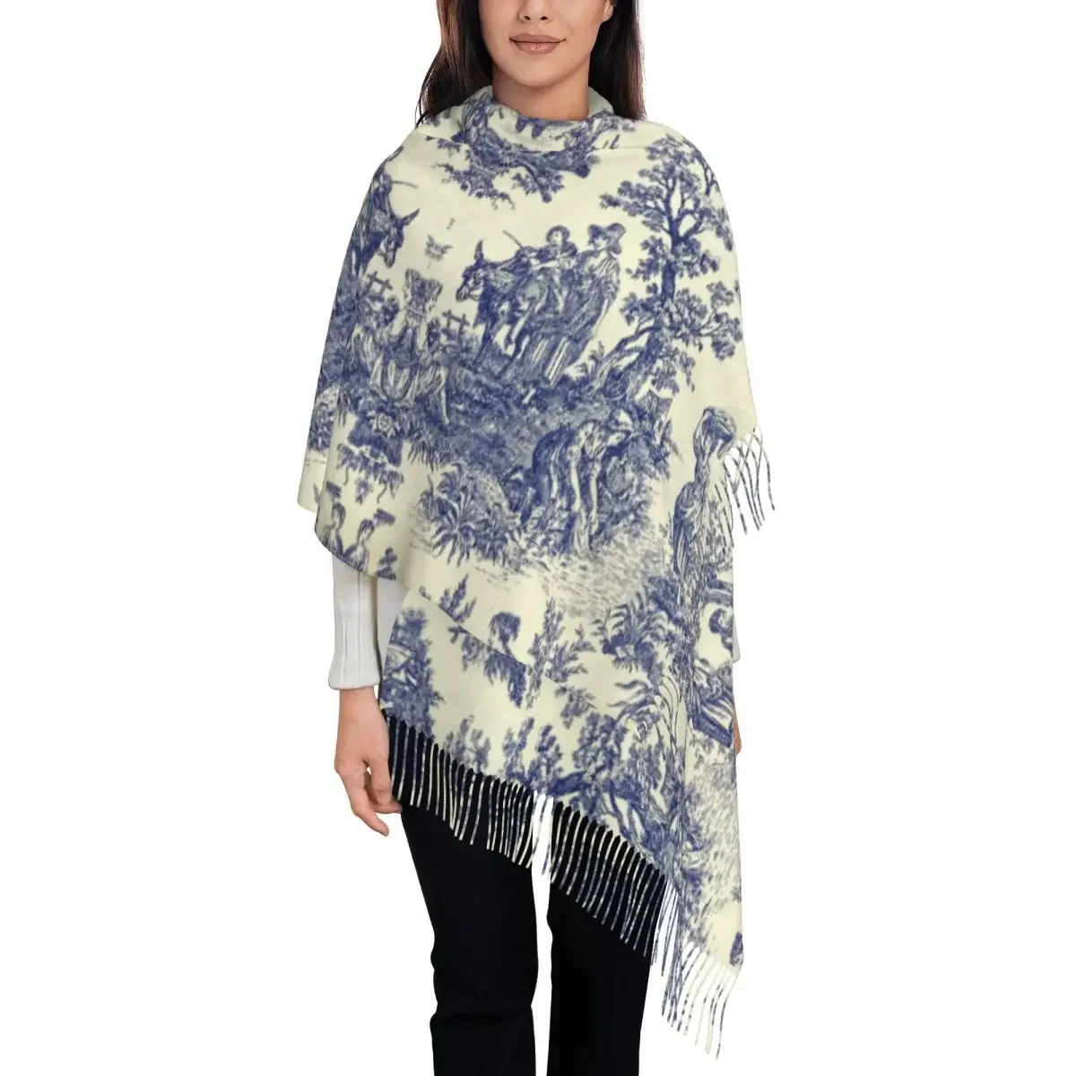 Toile De Jouy Blue Scarf Wrap for Women Long Winter Fall Warm Tassel Shawl Unisex French Navy  Motif Scarves