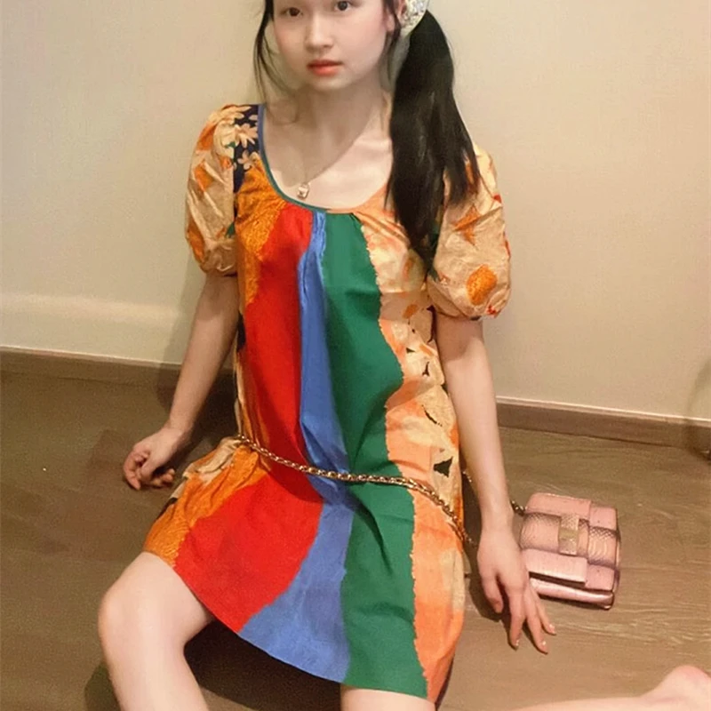 Harajuku Rainbow Printed Flower Daisy Dress Lovely Lady Puff Sleeve U Neck A-line Oversized One-piece Dresses Loose Summer Girls