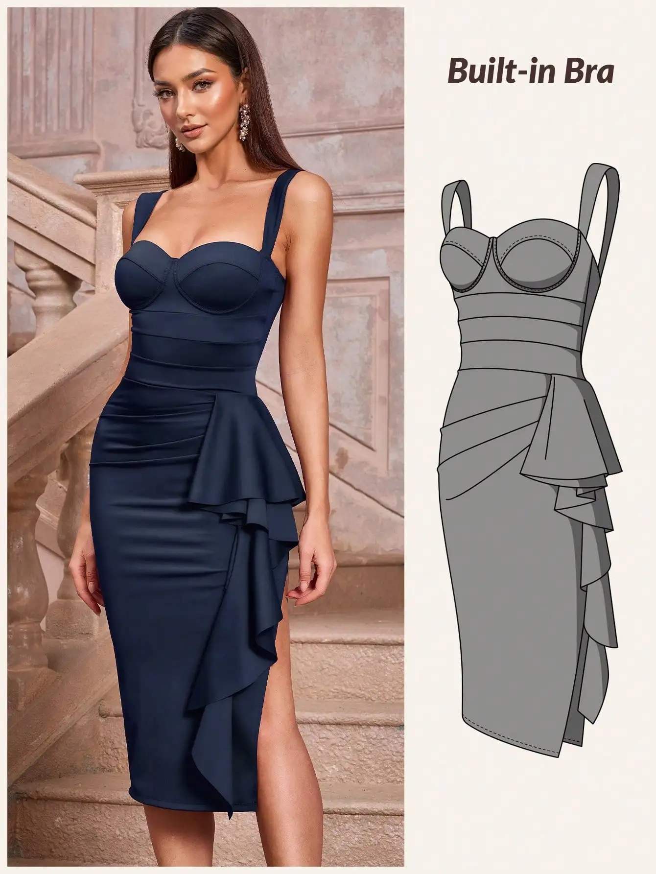 

Elegant Navy Blue Bodycon Midi Dress with Ruffle Split Hem and Built-in Bra for Cocktail Party or Date Night