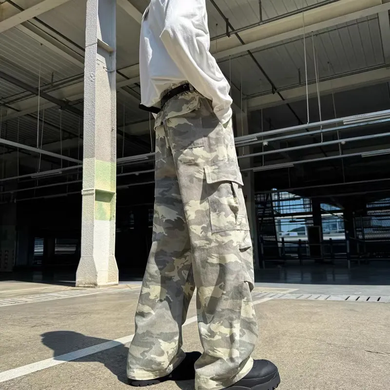 อเมริกัน Hiphop Camouflage กางเกงผู้ชาย Retro Paratrooper Workwear หลวมตรงขากว้างขากางเกงขายาวสบายๆ