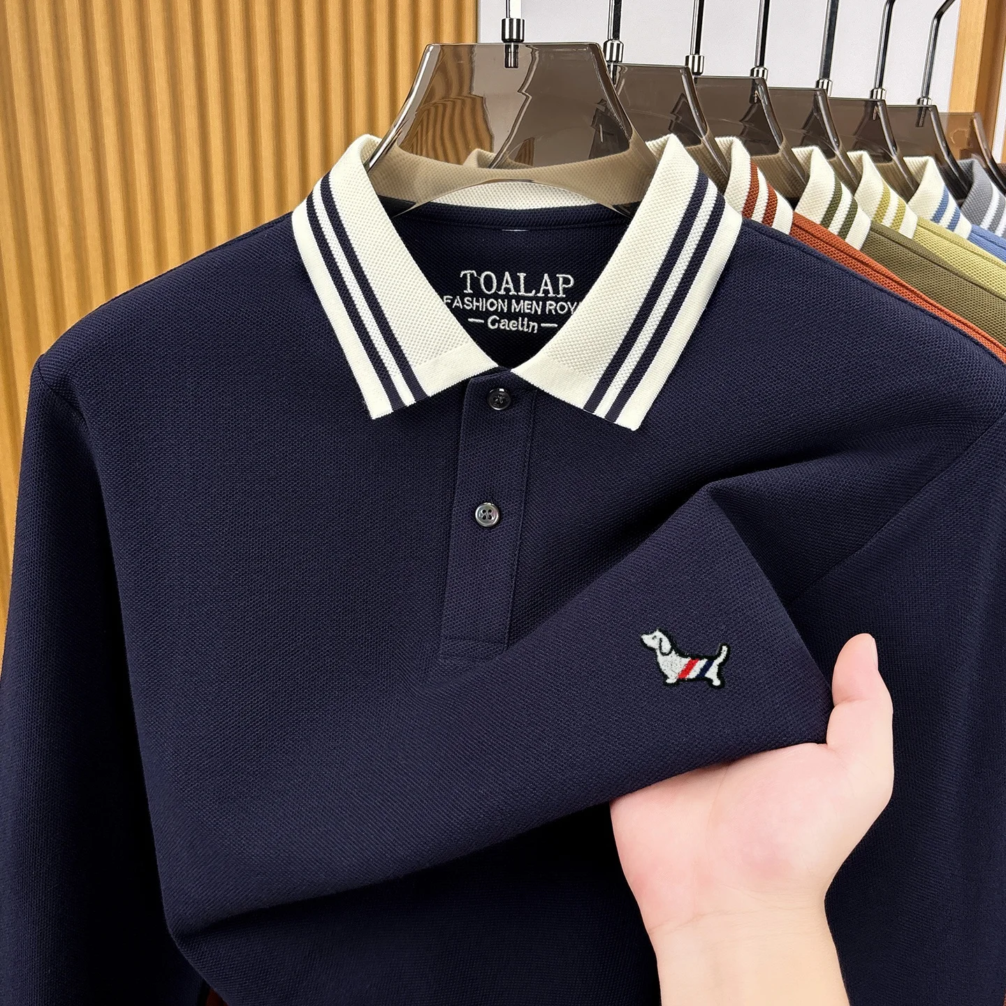100% reine Baumwolle Langarm-Poloshirt koreanischer Casual-Stil mit geprägtem Cartoon-Hund Luxusmarke Frühling/Herbst neue Mode Herren-T-Shirt – Detail 17