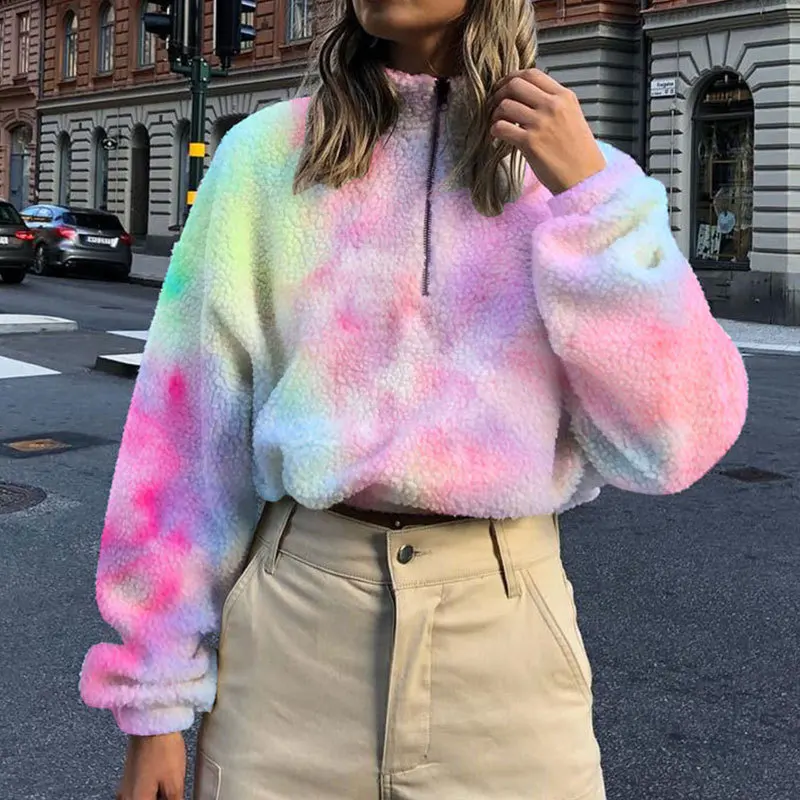 2023 New Loose Rainbow Tie-Dye Ladies Hoodie Autumn and Winter Zipper Fluffy Ladies Warm Soft Pullover Plush Fashion Pullover