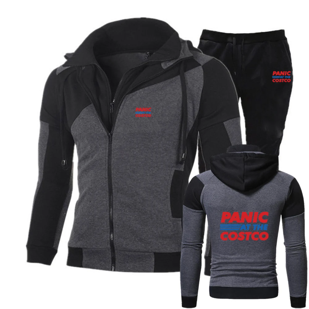 

2025 Panic At The Costco Graphic Spring Autumn Men's Comfortable Sports Cardigan Zipper Splicing Hoodies+Casual Sweatpants Suit