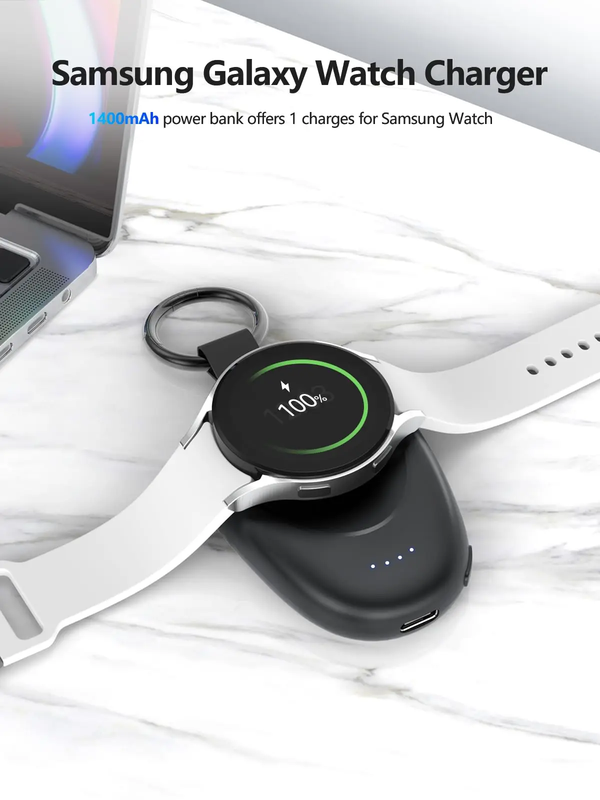 1400mAh Portable Wireless Power Bank for Samsung Galaxy Watch 7/Ultra/6/6 Classic/5 Pro/4/3, Active2/1 Magnetic Keychain Charger