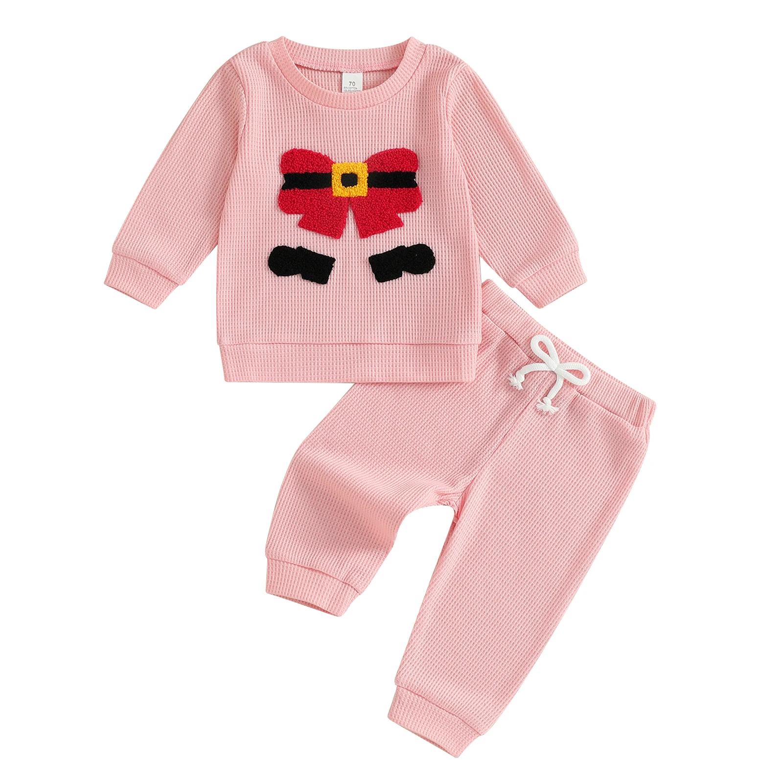 Baby Girls 2-piece Outfit, Long Sleeve Embroidery Bow/Santa Claus Sweatshirt with Sweatpants Christmas Clothes