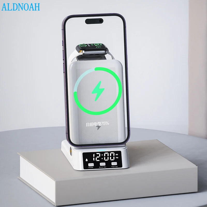 15W Qi Wireless Charger 4 in 1 Fast Charging Stand with Alarm Clock for iPhone14 13 12 11 XR XS 8 iWatch 8 7 SE 5 AirPods Pro 2