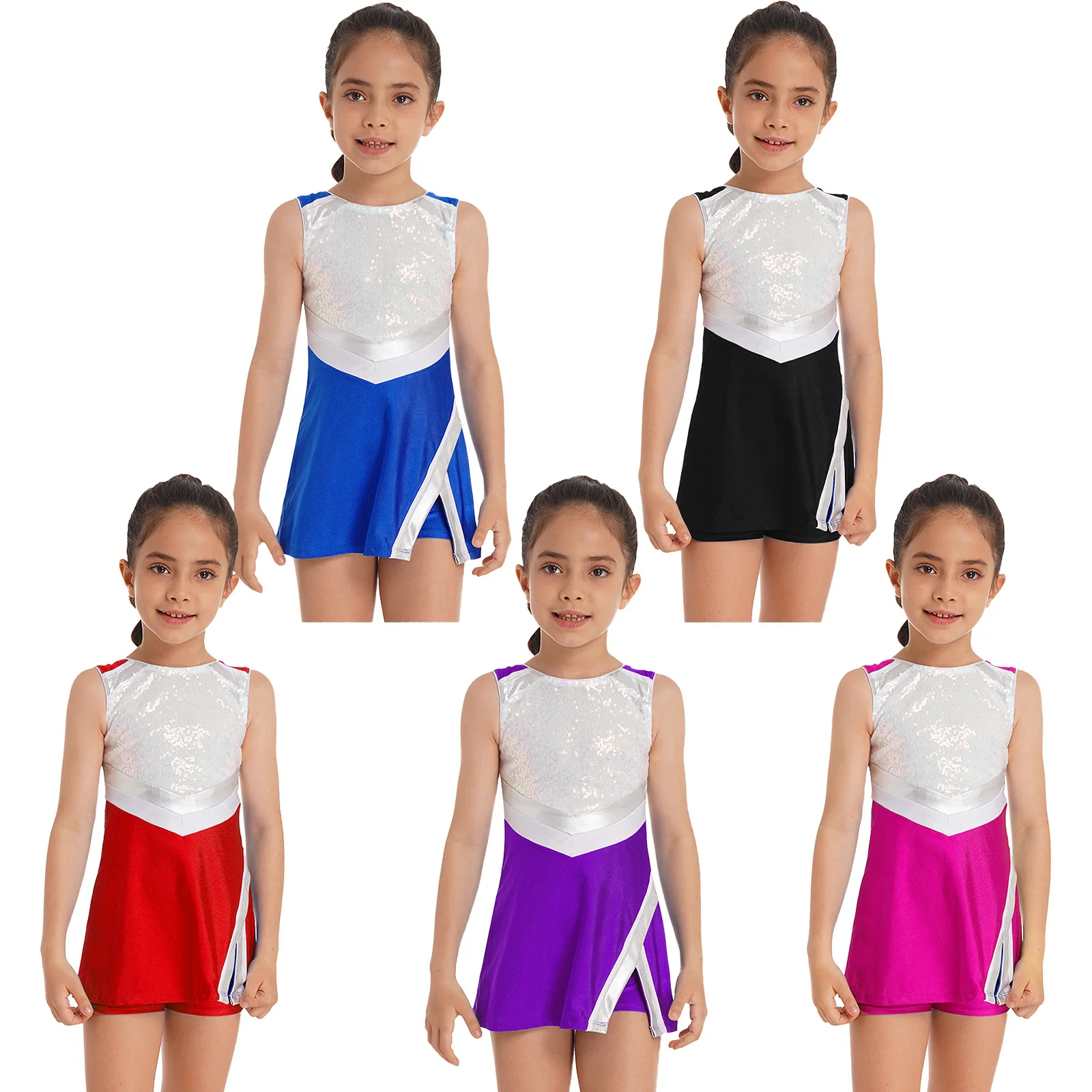 Uniforme de torcida sem mangas com lantejoulas brilhantes para crianças, vestido cosplay de dança com shorts, trajes cheerleader para menina