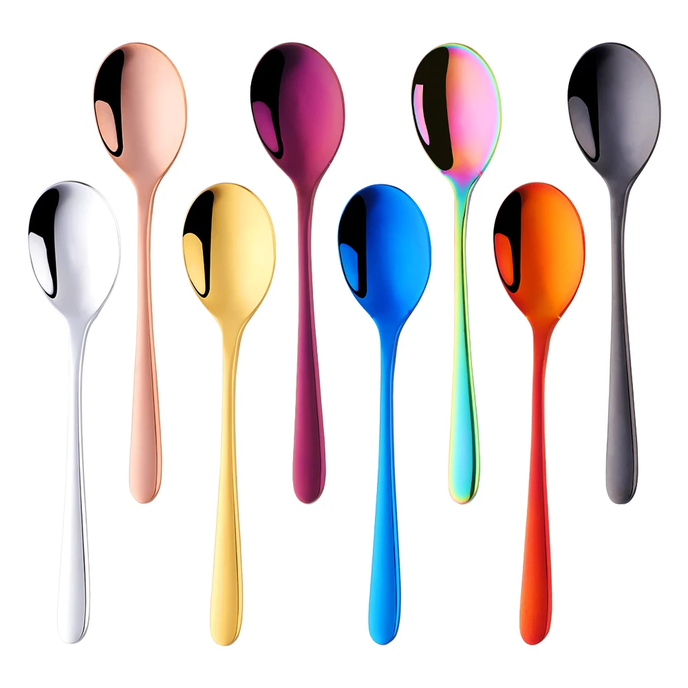 8PCS Stainless Steel Dessert Spoons Colorful Tableware Cutlery For Child Stir Tea Fruit Soup Scoop Kitchen Flatware Dinnerware