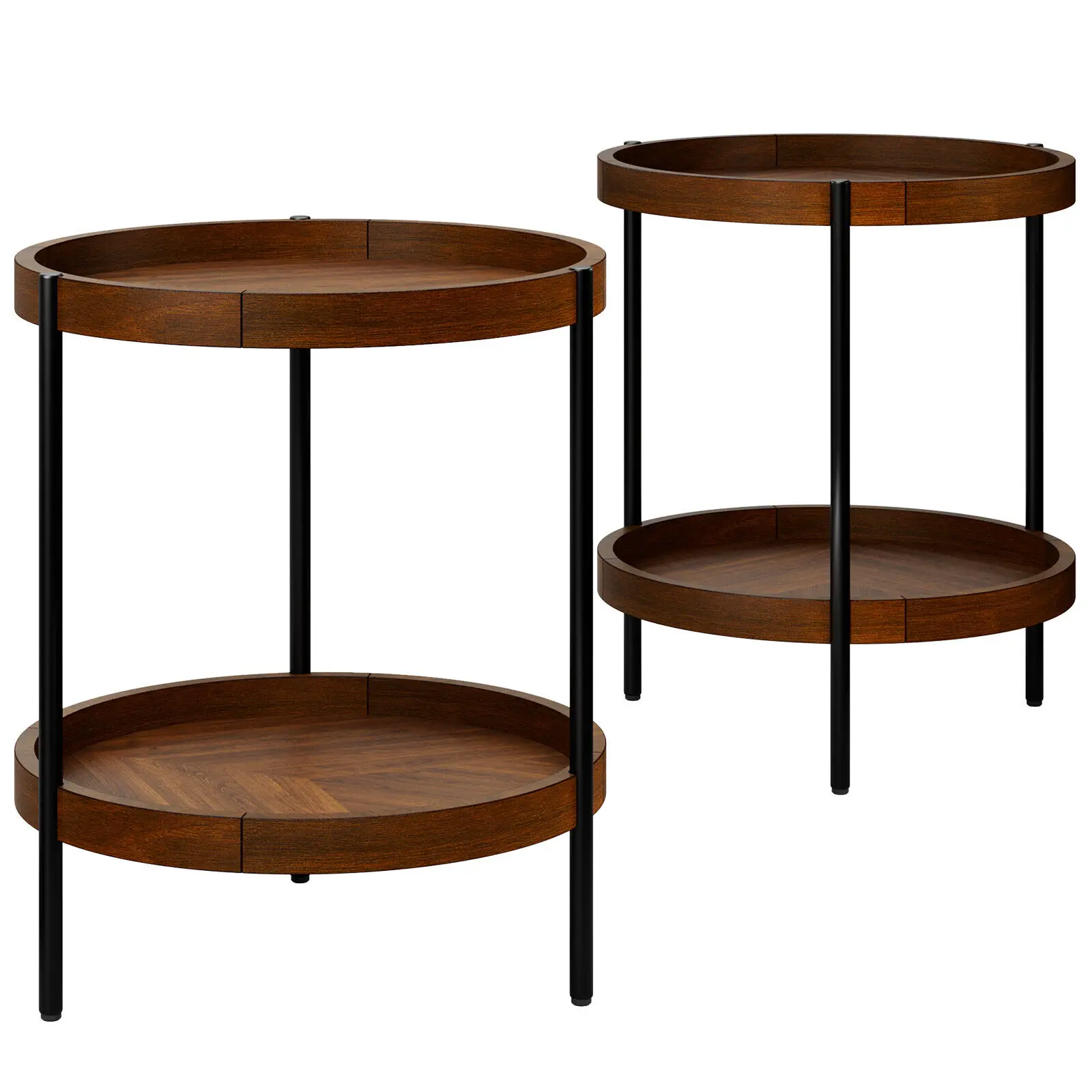 Costway 2PCS Round Side End Table 2-tier Shelf Rubber Wood Accent Nightstand Walnut