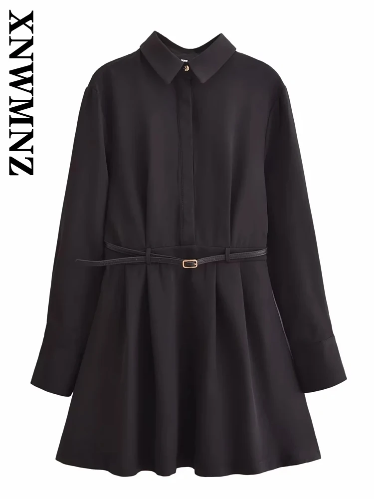 XNWMNZ Woman's 2024 Autumn Trendy Party Turn-down Collar belt Dresses Female Casual Long Sleeve Single-breasted Mini Skirt Dress