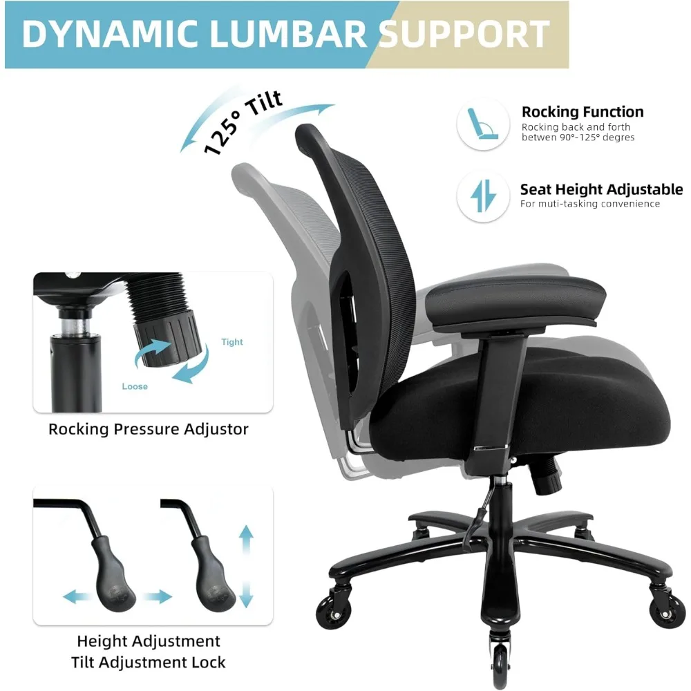 Big Tall Office Chair, Wide Thick Seat Cushion, Adjustable Lumbar Support, Metal Base, Rubber Wheels, 4D Armrests, Office Chair