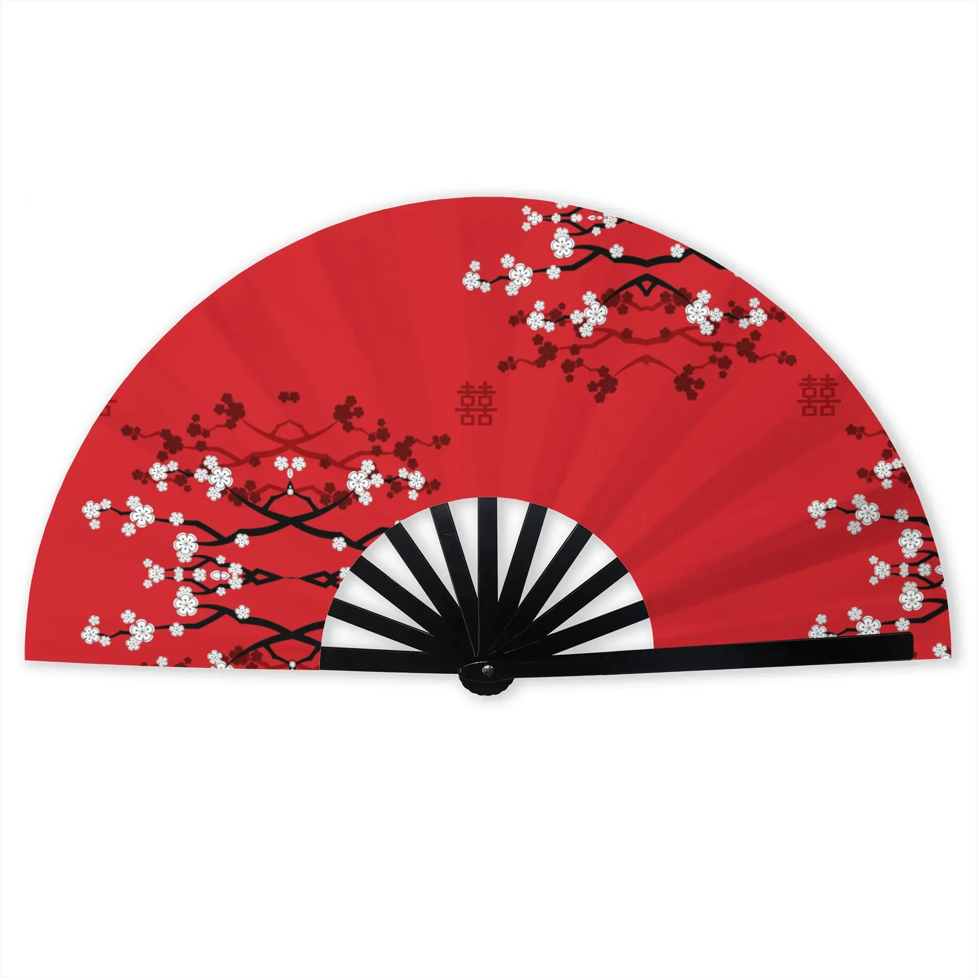 Oriental Cherry Blossoms Chinese Wedding Double Happiness Stylish Hand Fan Unisex Japanese Sakura Printed Polyester Fan