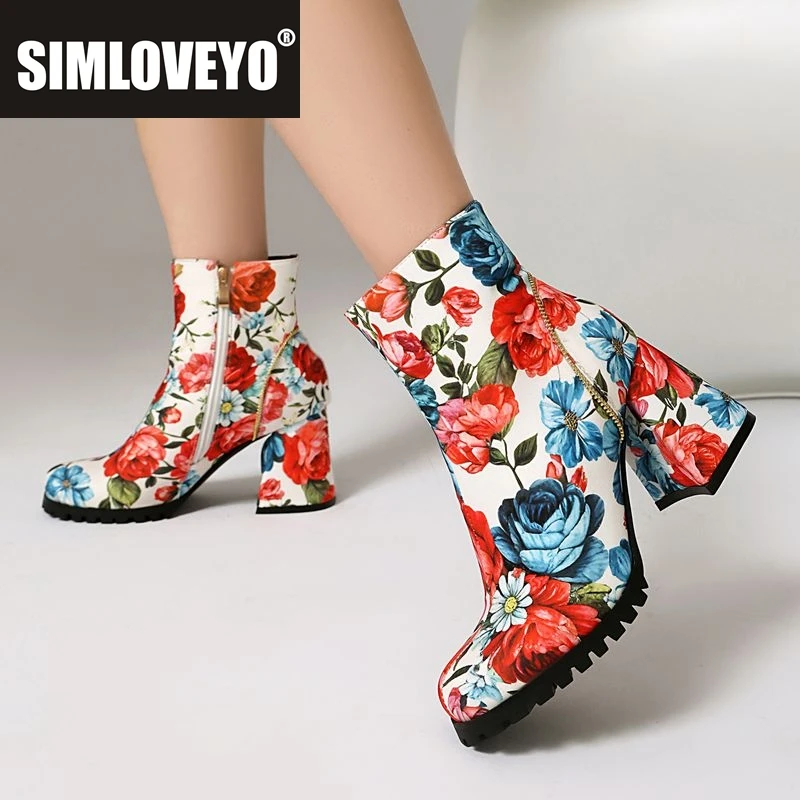 

SIMLOVEYO 2025 Модные женские ботильоны с круглым носком на блочном каблуке 8 см на молнии с цветком Разноцветные большие размеры 45 46 47 48 Dating Bota