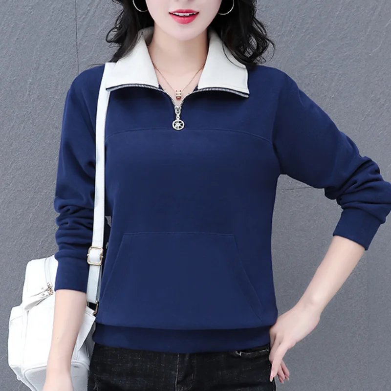 Spring and Autumn Women's Lapel Long Sleeves Contrast Color Loose Plus Size Pullers Zipper Pockets Fashion Casual All-match Tops