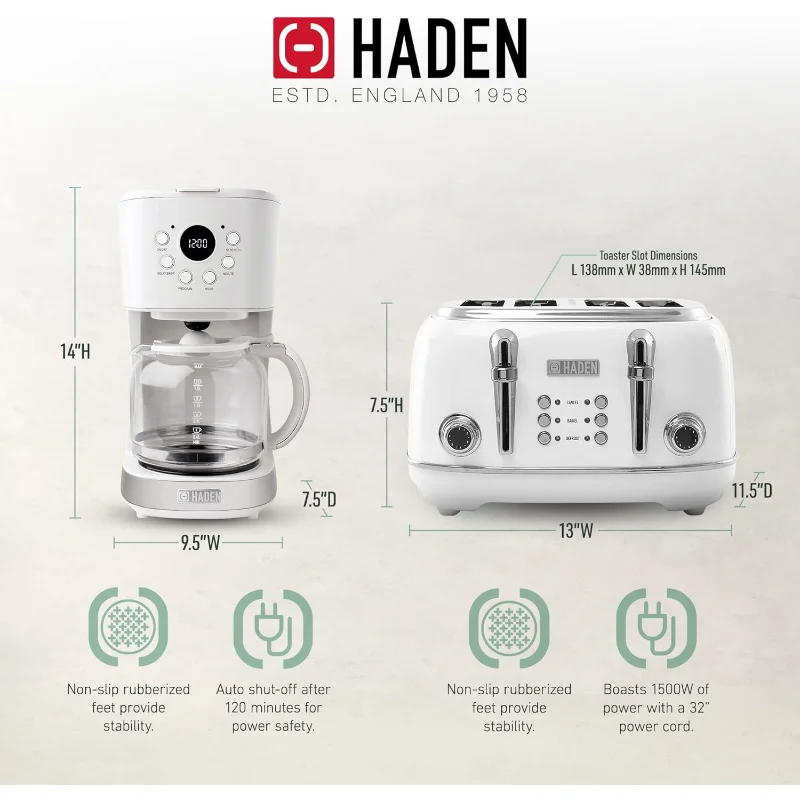 Haden Heritage 4 スライス ワイド スロット ステンレススチール トースター 12 カップ プログラム可能なドリップ コーヒー メーカー コーヒー マシンとバンドル、アイボリー