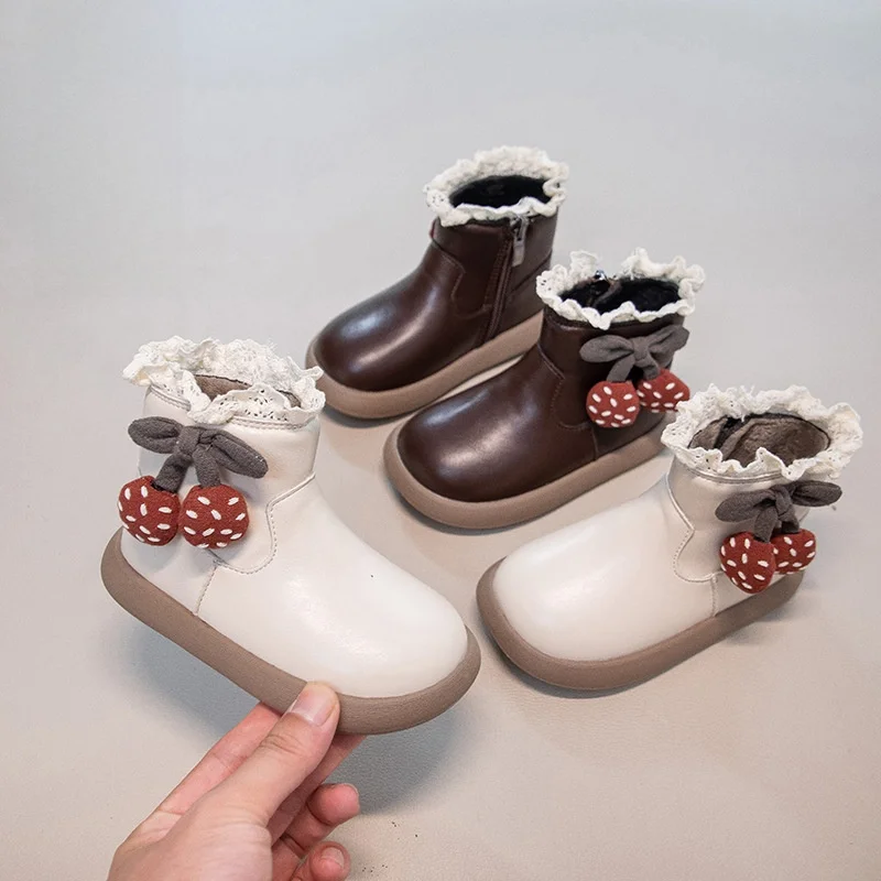 

Snow Boots Ankle Boots Flat shoes Solid color PU Leather Winter Shoes For Girls Anti-slip Warm White Brown Shoes Size 23-32