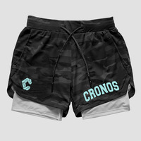 CRONOS Men's 2-in-1 Running Quick Drying Sport Shorts with Built-in Pockets for Fitness Gym Bodybuilding Workout