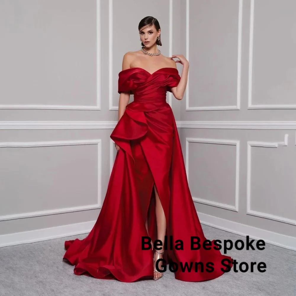 

Red Elegant Prom Gown V-Neck Off the Shoulder Party Dress for Woman Satin Pleating Side Split Evening Dresses Customized