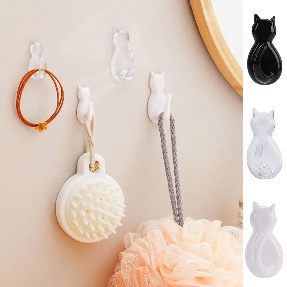 2 Pcs Transparent Cat Shape Wall Hook Multifunctional Self-adhesive Plastic Cat Key Holder Decorative Waterproof Cat Hooks Home