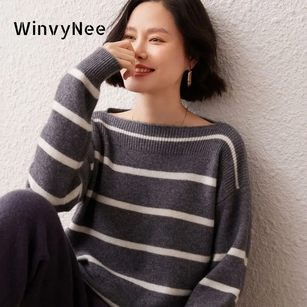 WinvyNee Women Cashmere Wool Striped Sweaters One shoulder Collar Casual Loose Outerwears Warm Pullover Clothing Winter A1044045