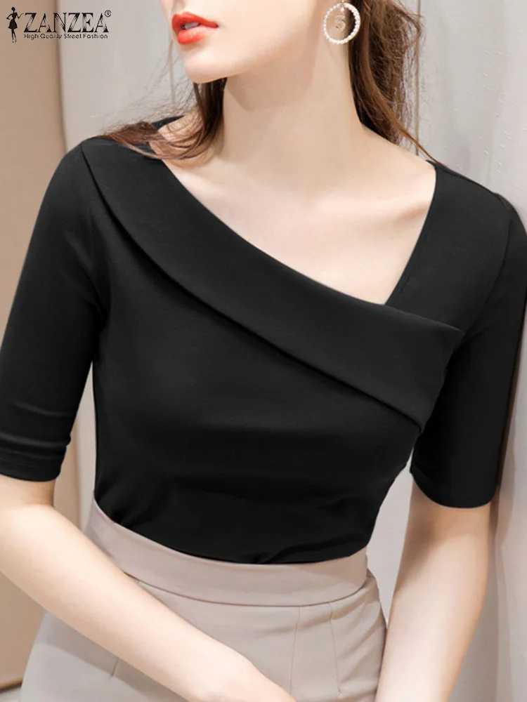 ZANZEA Women Slant Neck Elegant Blouses 2024 Summer Comfy Half Sleeve Solid Color T-shirts Casual Commute Party Blusas Mujer