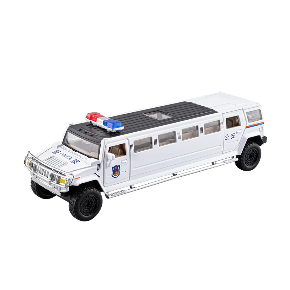 

Машинка-копия полицейской машины 1:32, удлиненная, прочная, из сплава, со звуком и светом, откатным механизмом, открывающимися дверями, для детей